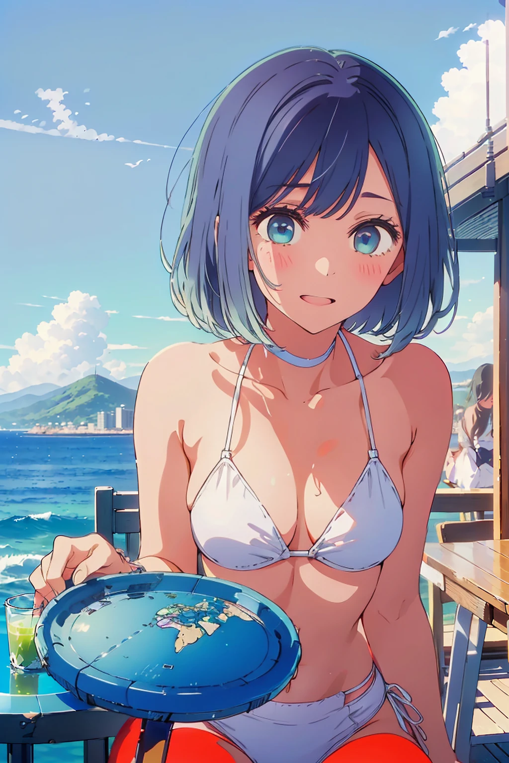 (Highest quality:1.4、8K:1.4、detailed)、F cup bust、Big Breasts、Slim body、Very white beautiful skin、((((1 person、Surprised expression、sit、Chair、In the background are the urban buildings of Tokyo、looking at the camera、Outdoor café terrace、coastal、Navy hair color、juice、White side string high leg bikini、Shooting up close、table、Very cute face))))、(両手をtableに置く:1.4)、Very blue sky、A completely cloudless sky