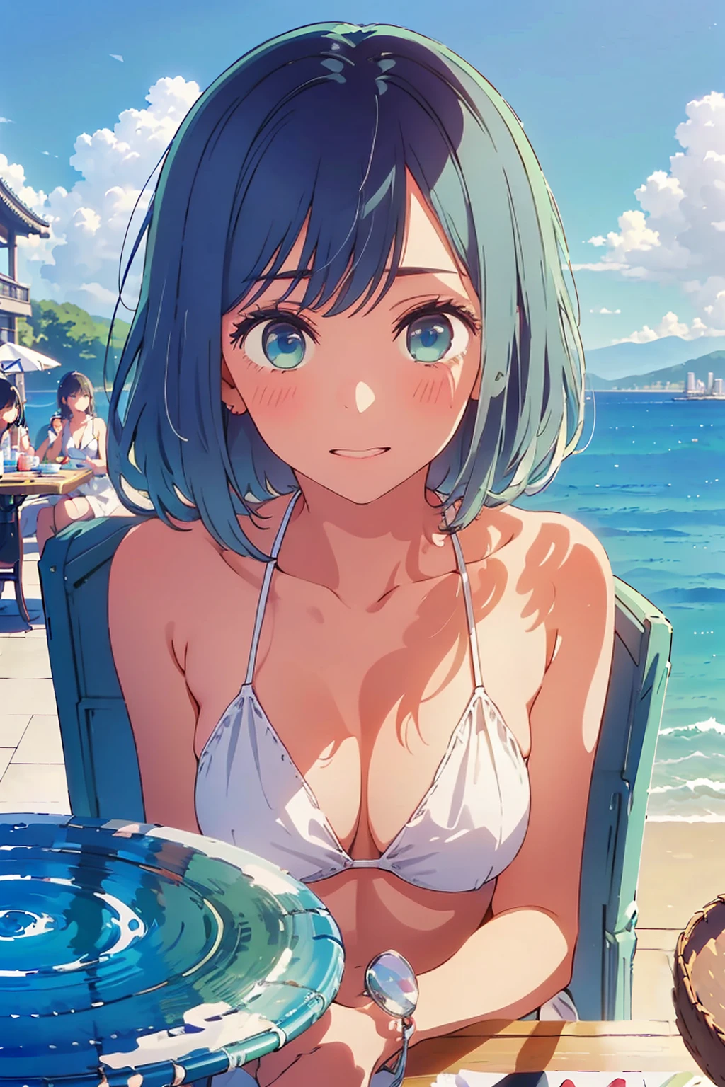 (Highest quality:1.4、8K:1.4、detailed)、F cup bust、Big Breasts、Slim body、Very white beautiful skin、((((1 person、Surprised expression、sit、Chair、In the background are the urban buildings of Tokyo、looking at the camera、Outdoor café terrace、coastal、Navy hair color、juice、White side string high leg bikini、Shooting up close、table、Very cute face))))、(両手をtableに置く:1.4)、Very blue sky、A completely cloudless sky