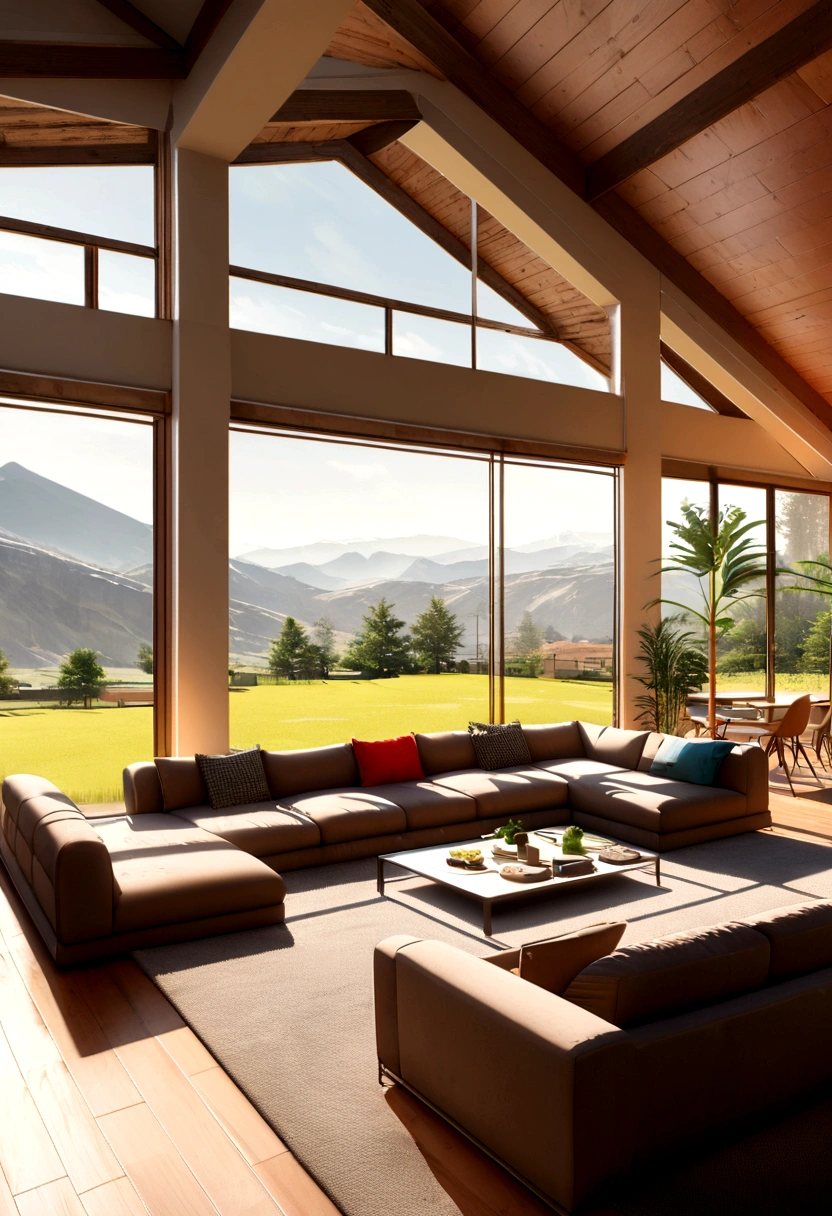 "Design a modern living room with an emphasis on natural light and minimalist decor, featuring a Revit Architecture model seamlessly rendered in the vibrant and realistic style of Lumion software." (Landscape view)