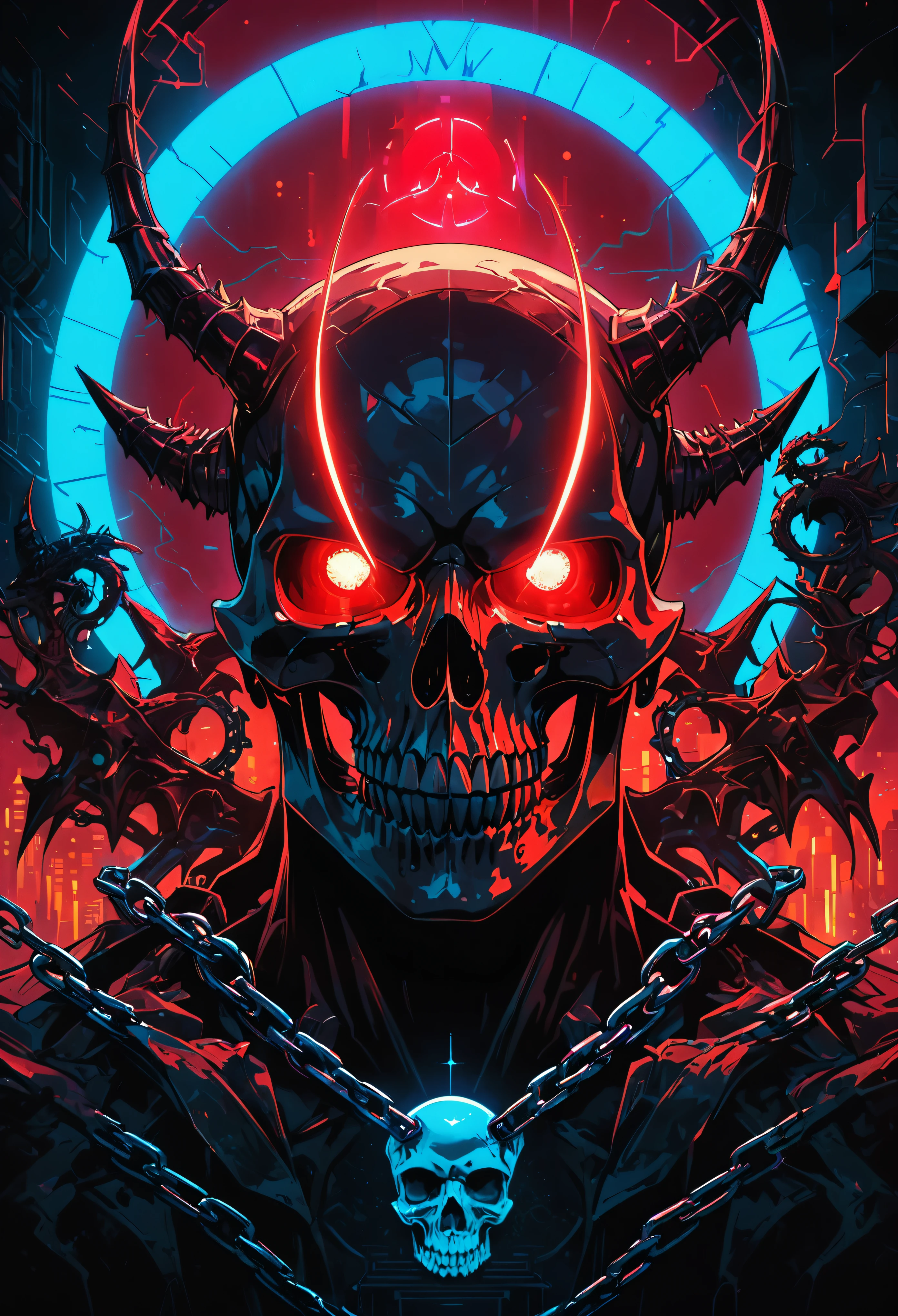 Surrealism, drop shadow, anaglyph, stereogram, tachi-e, pov, atmospheric perspective, 8k, super detail, ccurate, best quality,With glow horns、Close-up of a skull with a red head, Dragon Portrait, by Rostland, Benedict Barna, Morel,(((Multi-metal ring ornamentiracle,Dark atmosphere,Black Forest,((neon glow light)),((Blue arc)),dragon features,Dragon skull,Jewelry accessories,diffraction spikes,Vivid colors、Bokeh、portrait、landscape、fear、cartoon、Sci-fi fi,photography,Concept Artist,Steel Claws,Steel Fangs,word graffiti,Blue Arc Link,Metal chain,