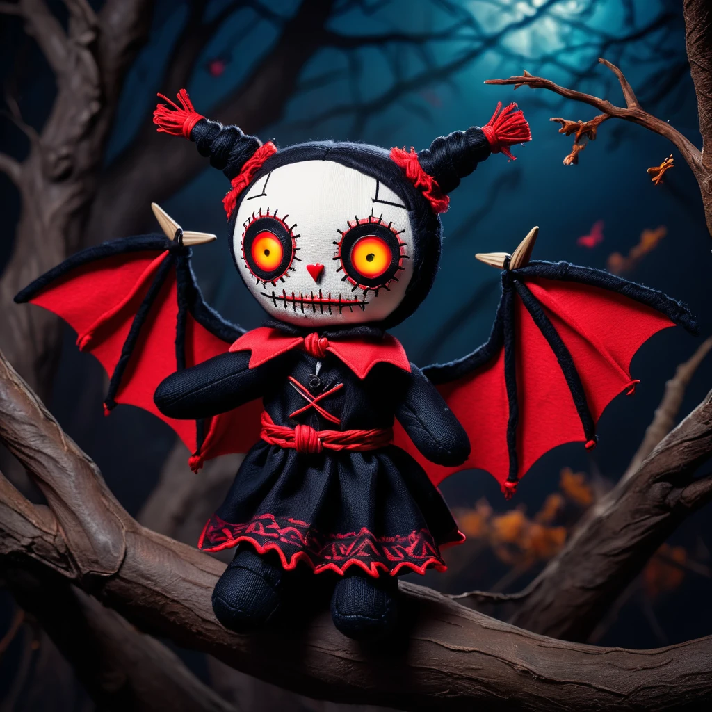 (knitted toy voodoo doll:1.7), (Voodoo Demon of Dreams:1.3), (clothes Dark robes, bat wings, glowing red eyes:1.0), (background Dark dream, flying night creatures, twisted trees:1.3), best quality, masterpiece, soft oil painting, detailed background, dramatic cinematic lighting, soft edge lighting, professional, dramatic lighting, hard edge lighting, ultra quality, 4k, masterpiece, best quality, 8k, super high definition, high de