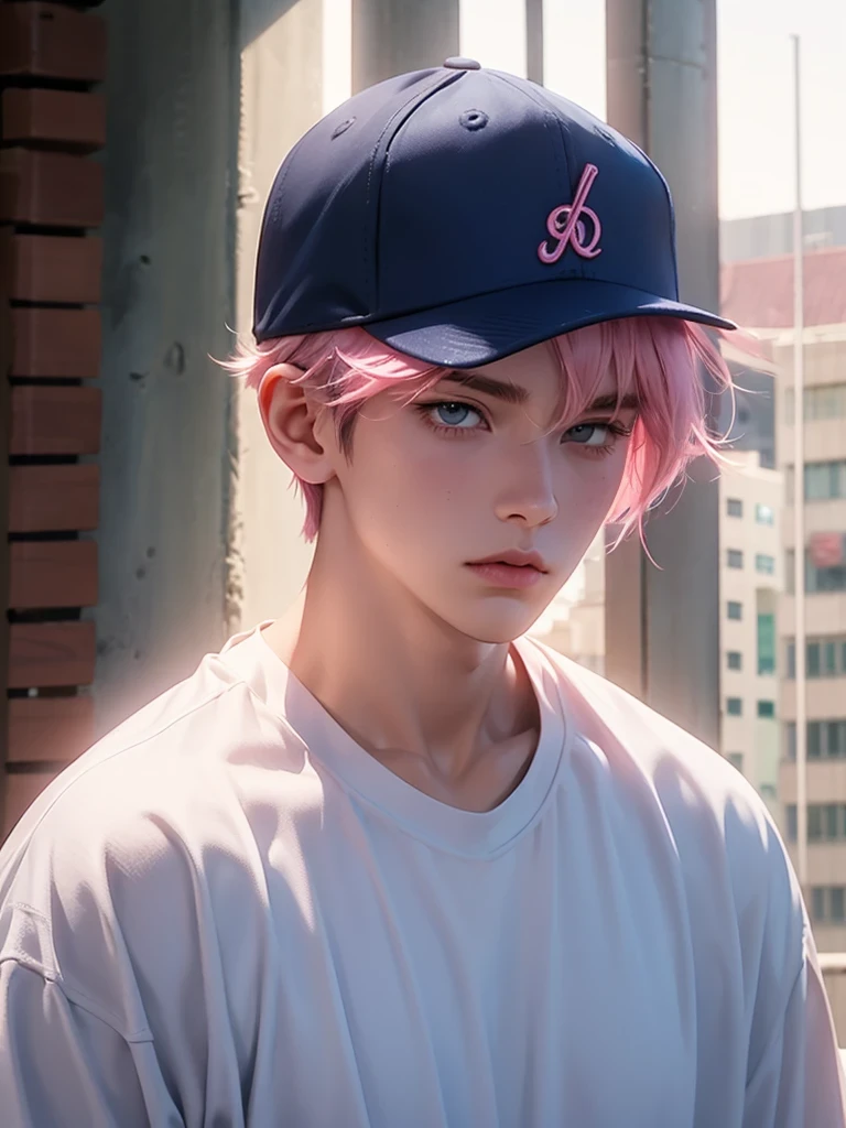 Pink Hair、Has bangs、Navy blue baseball cap、Navy blue jersey、Broad shoulders、Short Hair、Pink eyebrows、White skin、Muscular、Tall、Big Handale、Bad look in the eyes