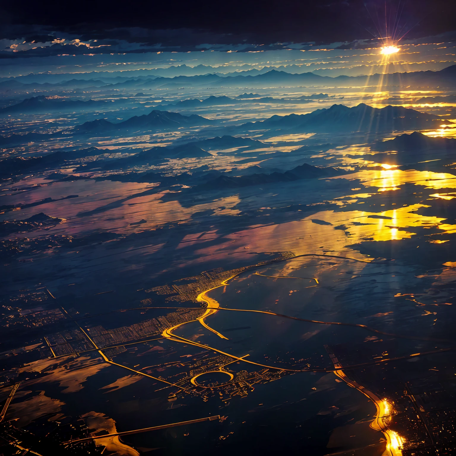 (Surreal:1.2), high resolution, (Vibrant colors, high resolution:1.1), (Clear focus:1.1), (Physically Based Rendering:1.1), Tyndall effect, Lanterns, (((Light shines through gaps in the clouds))), Beautiful view, Contrasting shadows, Flowing composition, Realistic landscape, Unique layout, Soft texture, Intricate details, Mysterious atmosphere, Artistic exploration of light and shadow,Gold shines、Sunlight reflecting on the salt lake、A worldview that fascinates everyone who sees it、