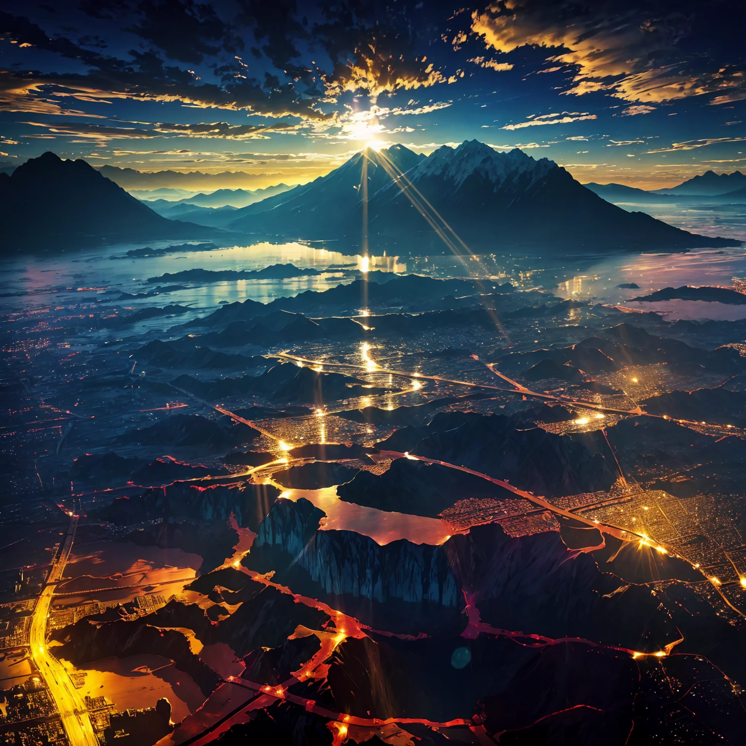 (Surreal:1.2), high resolution, (Vibrant colors, high resolution:1.1), (Clear focus:1.1), (Physically Based Rendering:1.1), Tyndall effect, Lanterns, (((Light shines through gaps in the clouds))), Beautiful view, Contrasting shadows, Flowing composition, Realistic landscape, Unique layout, Soft texture, Intricate details, Mysterious atmosphere, Artistic exploration of light and shadow,Gold shines、Sunlight reflecting on the salt lake、A worldview that fascinates everyone who sees it、