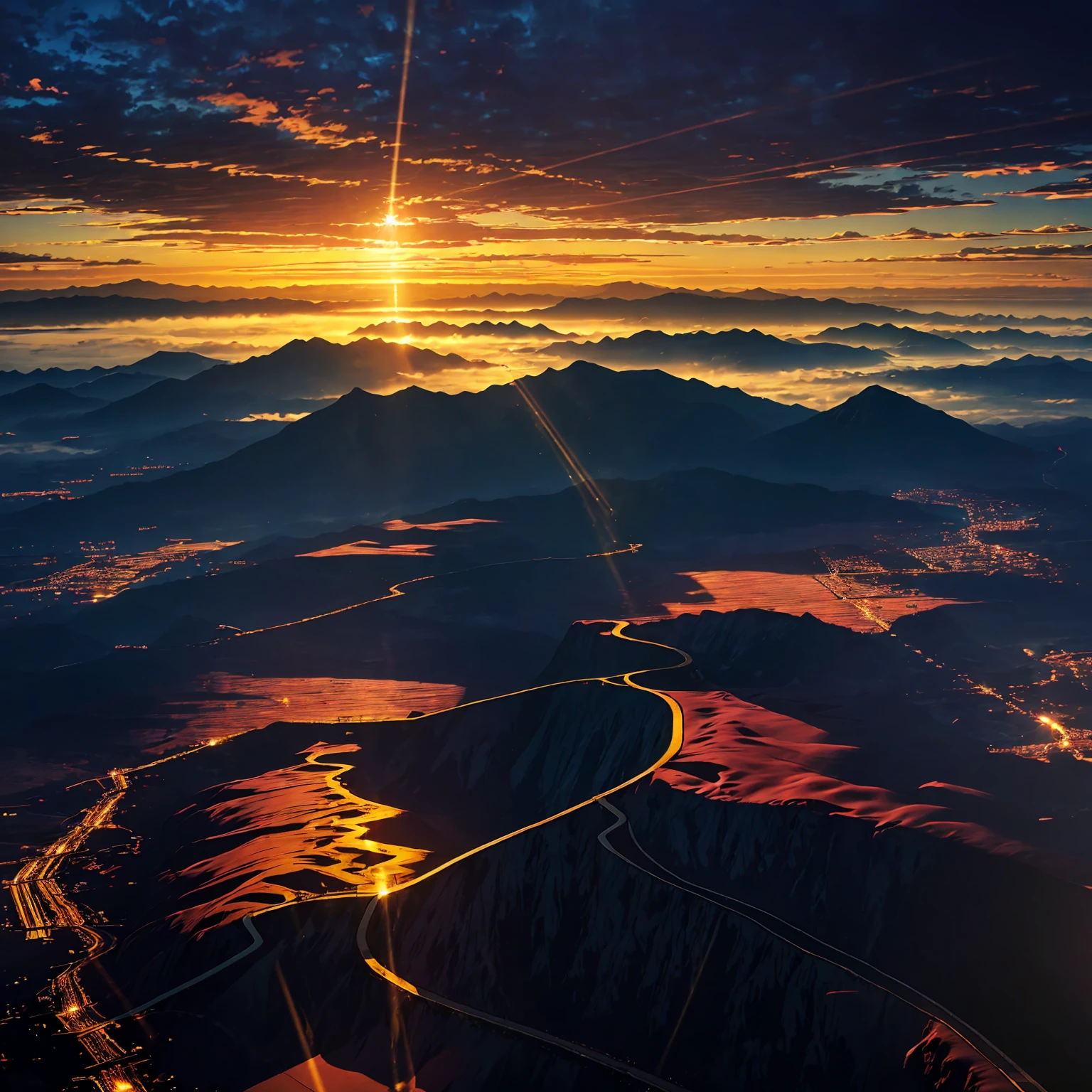 (Surreal:1.2), high resolution, (Vibrant colors, high resolution:1.1), (Clear focus:1.1), (Physically Based Rendering:1.1), Tyndall effect, Lanterns, (((Light shines through gaps in the clouds))), Beautiful view, Contrasting shadows, Flowing composition, Realistic landscape, Unique layout, Soft texture, Intricate details, Mysterious atmosphere, Artistic exploration of light and shadow,Gold shines、Sunlight reflecting on the salt lake、A worldview that fascinates everyone who sees it、
