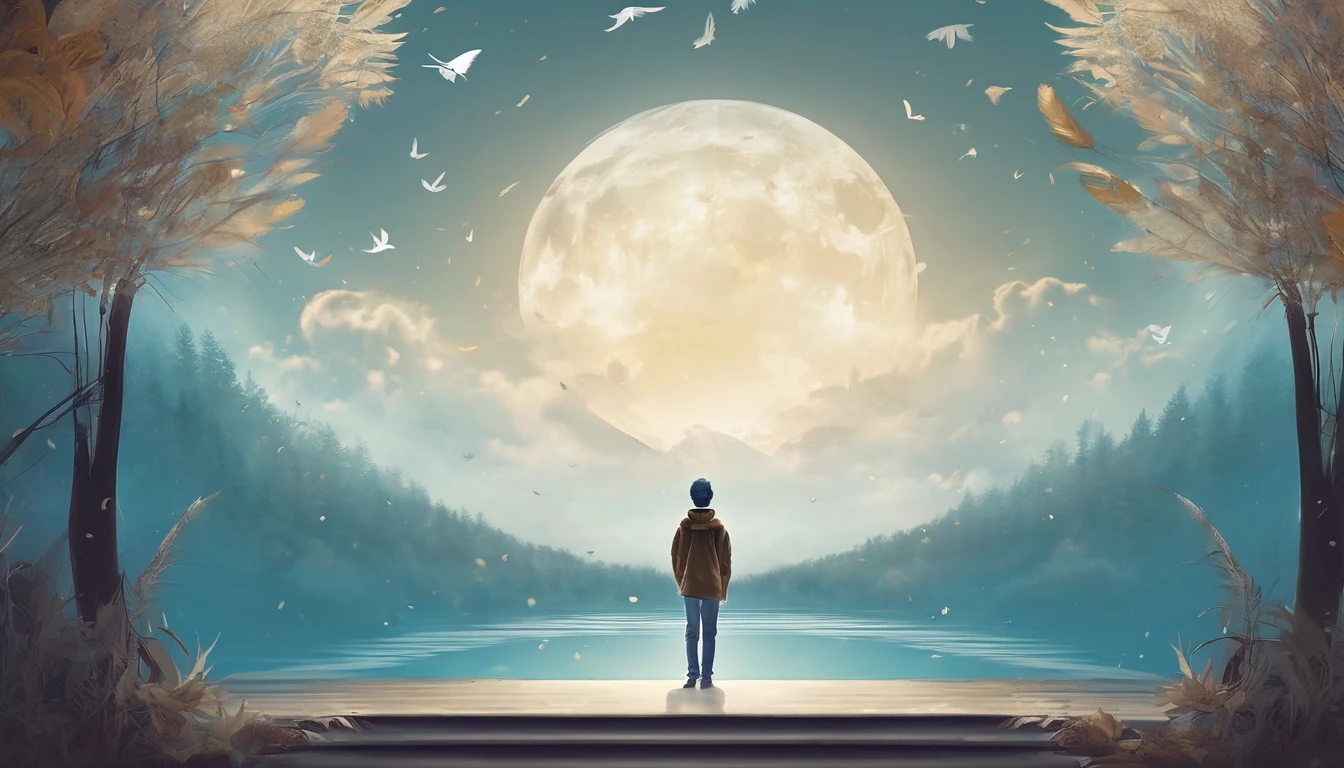 Create a professional, fantastic, cinematic dream-like Youtube Banner for a brand about music, stories, fantasy and dreams called " Penamemoria". Masterpiece, 4k, sharp focus, highest quality,wide shot. The title is " Penamemoria". Is a brand about the creative, unique journey of a boy into becoming a musician storyteller. In his journey he finds inspiration in a world of birds and feathers. Minimalistic, simple, poetic, dreamy logotype at the center of the image. The Background image is a world full of fantastic feathers, unique birds, light blue sky, soft white and light golden. Logo design of a face of a boy and a face of a feather