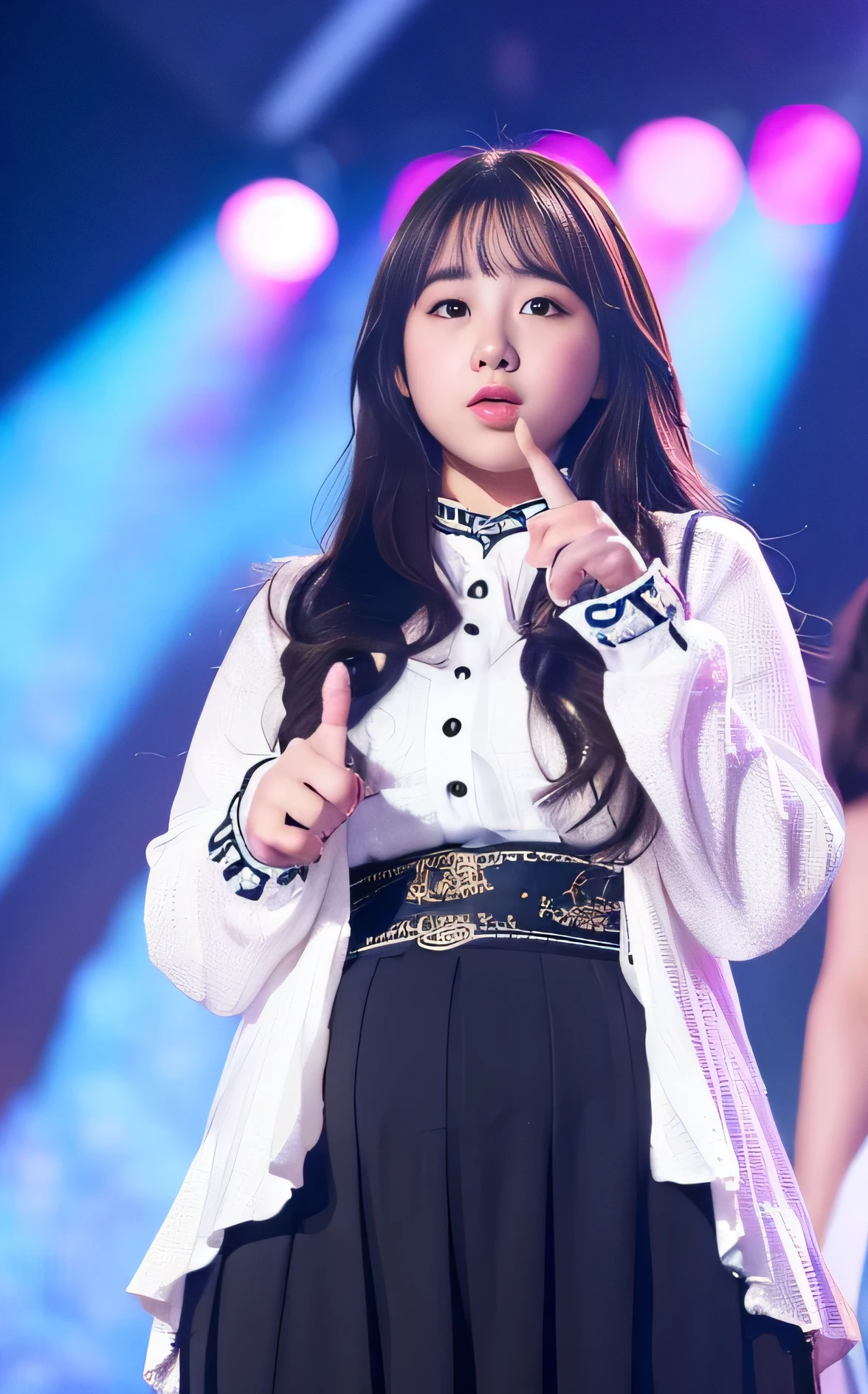((8K)), highest quality, 超High resolution, (Surreal)、(High resolution), 1 girl, idol, ((idol clothing)), Overweight, extremely fat, ((Chubby)), on stage, ((put index finger on mouth))