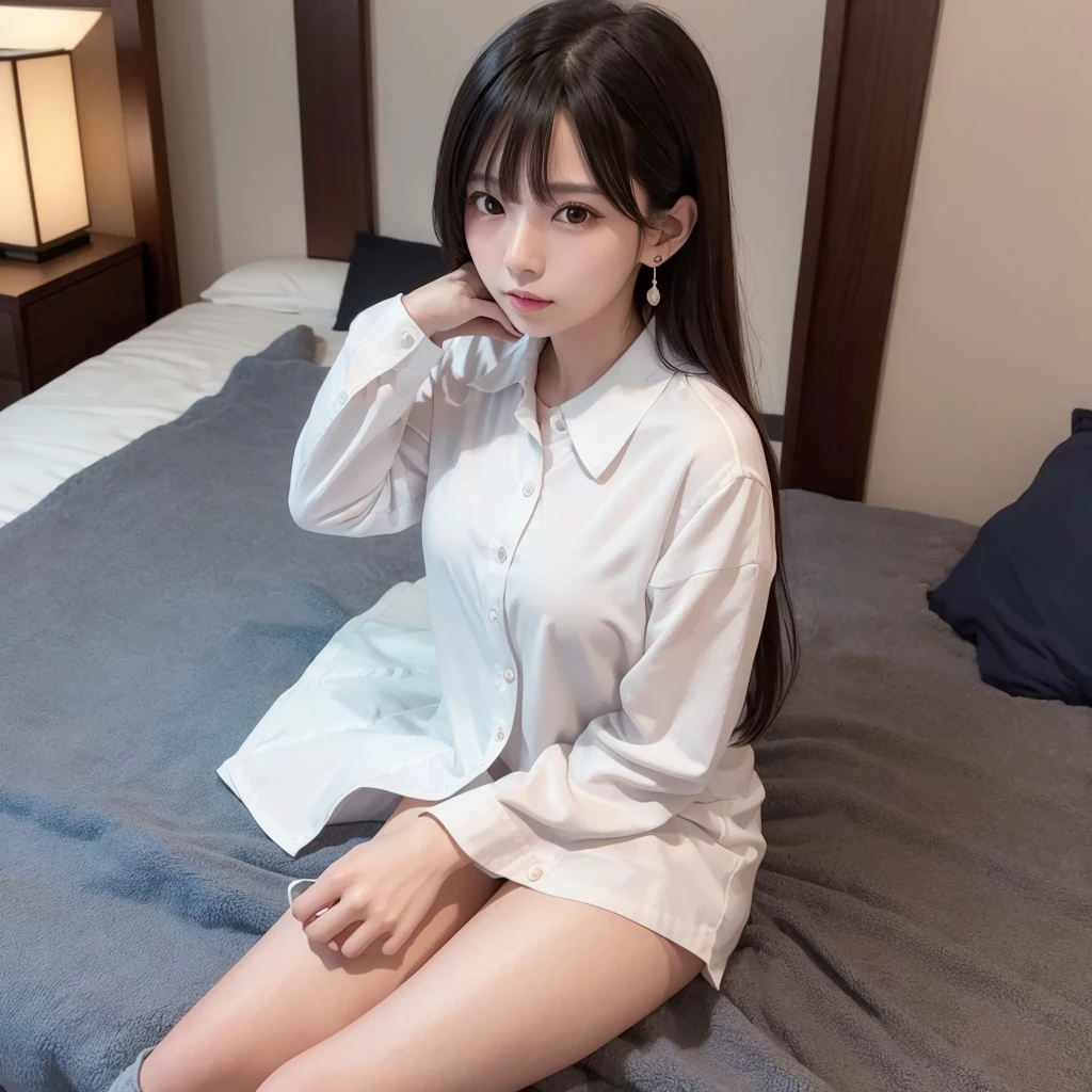 uhd, best quality, 1080P、1080×1920、Beautiful woman posing on the bed、Japanese Goddess、Beautiful curves、むちっとした体 日本model、Cute、清楚な女性 ゴージャスな中国model、model体型、Real、Beauty、uniform、shirt、one piece、Earrings、Gal、Adult women、young、Stylish、Girly Outfit、model、solo、One person、close