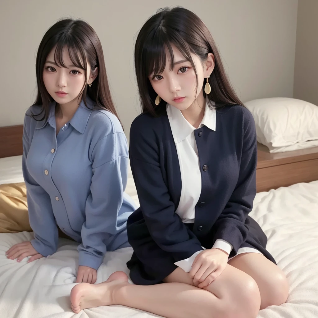 uhd, best quality, 1080P、1080×1920、Beautiful woman posing on the bed、Japanese Goddess、Beautiful curves、むちっとした体 日本model、Cute、清楚な女性 ゴージャスな中国model、model体型、Real、Beauty、uniform、shirt、one piece、Earrings、Gal、Adult women、young、Stylish、Girly Outfit、model、solo、One person、close