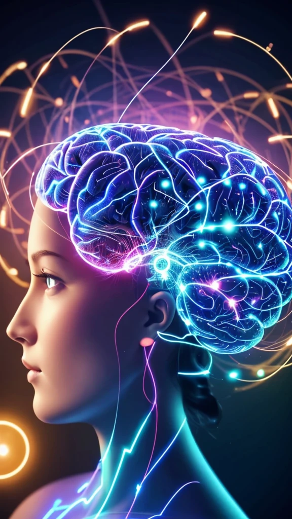 A close-up animation of a human brain with glowing, interconnected neural networks. The neural connections light up as if data is flowing through them, with floating icons and symbols around the brain representing vast amounts of stored information (books, TV screens, digital data)