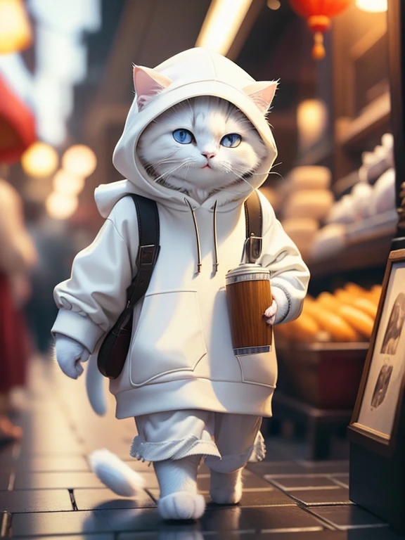 Fluffy white cat, Adventurer,Very detailed cat and fur, Wearing a white hoodie, Wandering around the Chinese market, One animal,Highly detailed images, Kodak 400, Atmospheric light, 50mm lens, (Cat Eyes and Feature Details) Realistic Cat, blue eyes,8K,cute