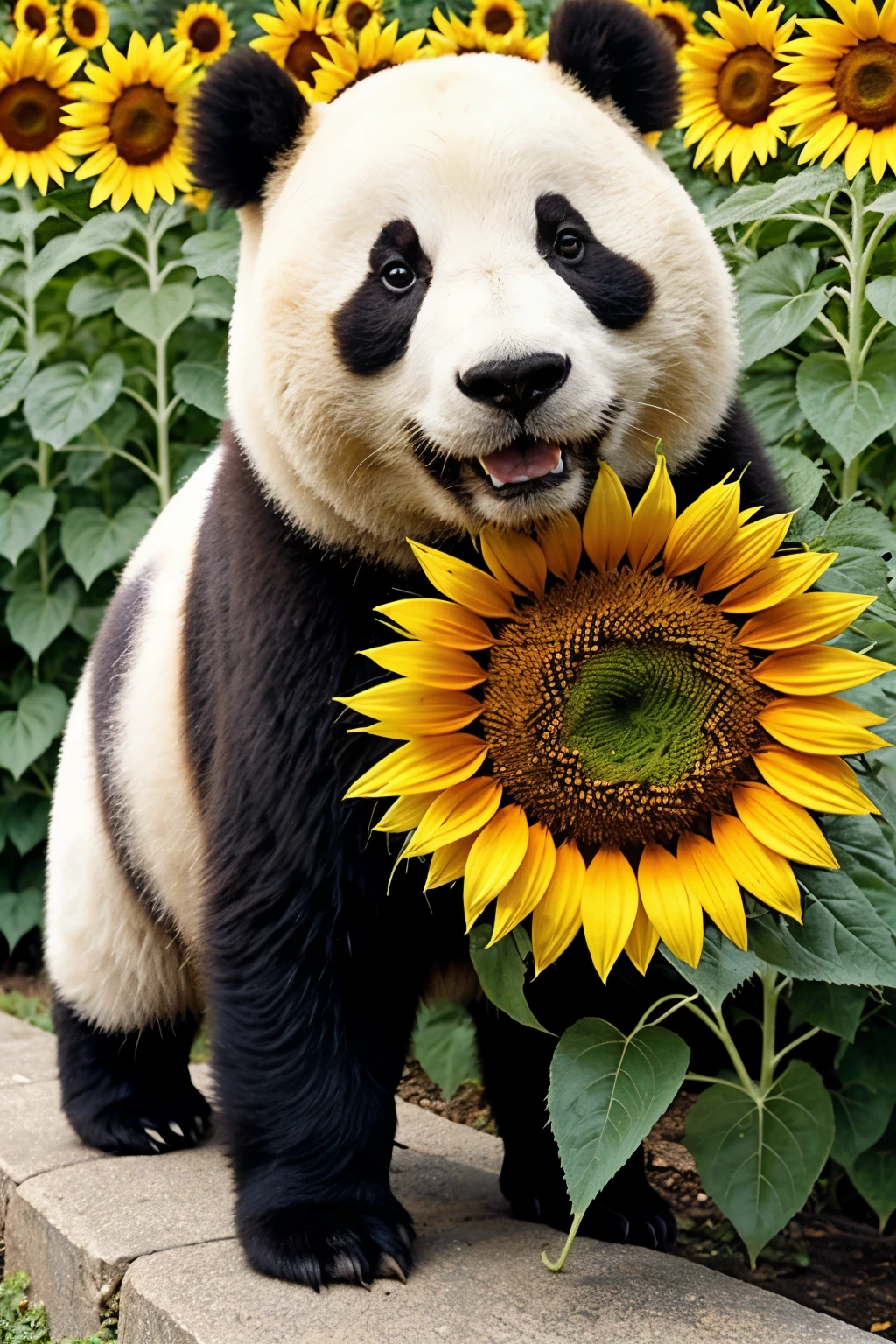 A cute panda,A bee, Sunflowers are worn on the head,positive outlook,