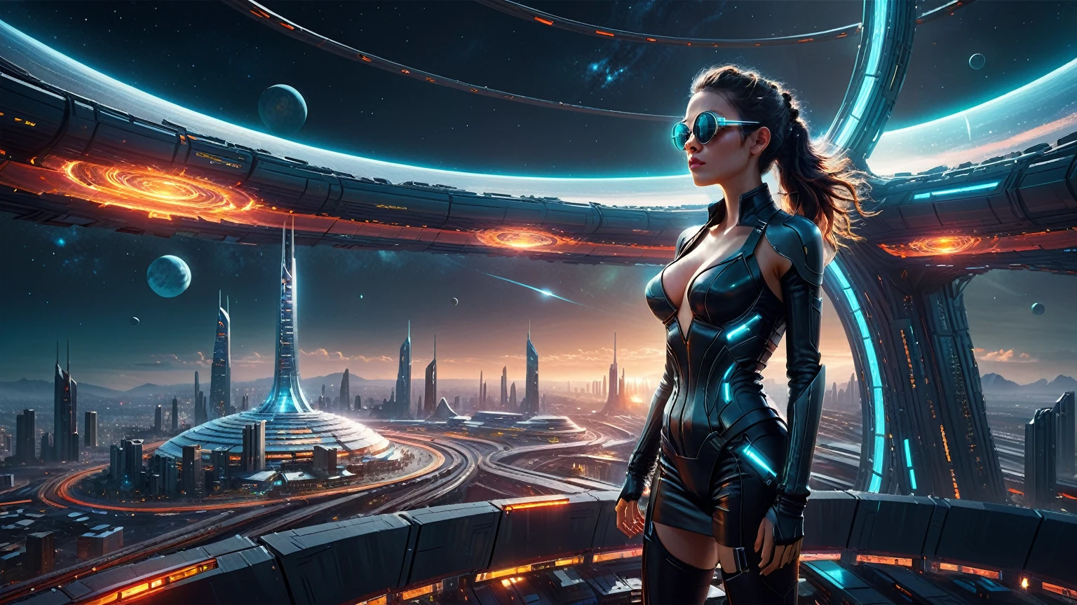 Brightly colored abstract aerial view image of a (((((futuristic railway station))))) with a spiral, a (((futuristic all-glass train))) passing by, epic beautiful space sci-fi, chaotic cinematic space rift, Greg Beeple, planets colliding, Beeple and Tim Hildebrandt, Beeple and Jean Giraud, end of the universe, (((giant glass lion sculpture))), galaxy space sci-fi, ringworld, by Mike "Beeple" Winkelmann. Matrix style, (((Matrix cascading code))), (((a futuristic twin tower skyscraper with a unique twisted design))), (((OLED GUI interfaces in the building))), at night, (((((1girl, solo))))), photo realistic, (((((((large-breast:1.2 body, cleavage:1.4))))))), (((((off broken mini sling-shirt and black sling bra, extreamly short pleated miniskirt exposing panty))))), (((((running pose))))), (((((((matrix style black micro sunglasses))))))), ((((((((((aiming with a short gun)))))))))), (((((looking at camera))))), (((very low view))), (((((half-body thigh level medium shot))))), (((cinematic lighting))).