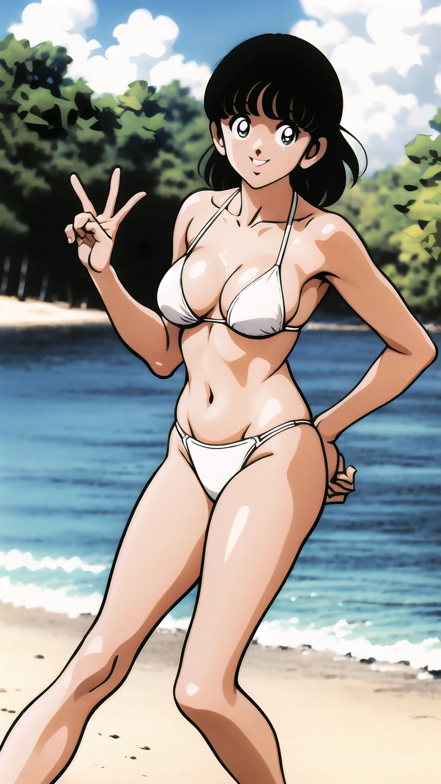 (((character:asakura minami:1.3))),((masterpiece)),((highest quality)),Super detailed,(thin entire outline),enlightenment,explicit,1girl,solo,black hair,medium hair,black eyes,small nose,perfect body,beautiful body,beautiful character design,perfect eyes,perfect face,((happy smile)),small open mouth,(enjoy,having fun:1.2),perspiration,wallpaper,ultra high resolution,8k,photo shoot,(beautiful large breast:1.2),beautiful legs,perfect feet,beautiful skin,fair skin,smooth skin,official style,official art,make a screen cap,outdoor,(summer beach),sunshine,bright lighting,(white micro bikinis),split legs,peace sign,
