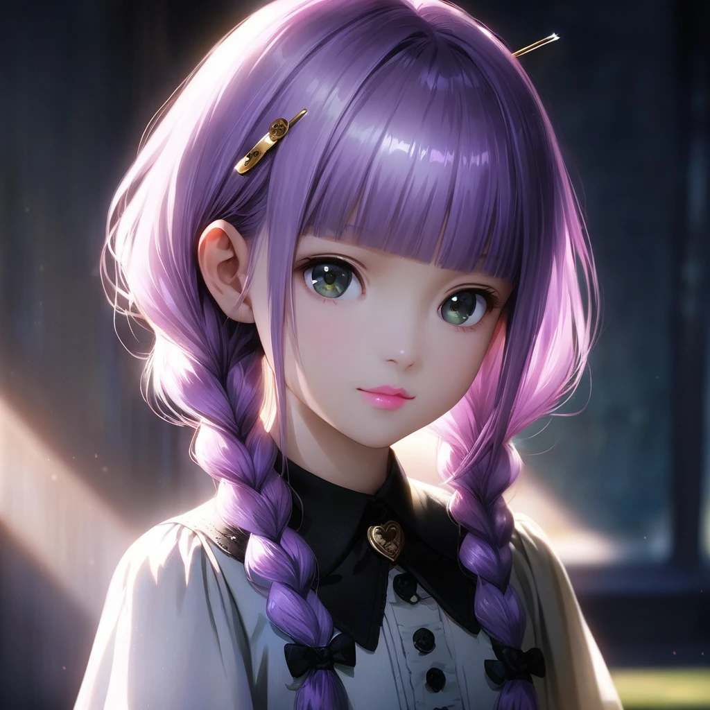 (Cute a girl:1.5), The rabbit costume from Alice in Wonderland,anime visual, fullbody shot, (Lovey-dovey:1.5), (tilt head:1.3), extremely delicate face, soft clean focus, realistic lighting and shading, (an extremely delicate and beautiful art:1.3), elegant, (worm tone:1.1),(one girl with closs hair pin,pale purple hair,wavy two braids,blunt bangs hair,green and black eyes.pink lips:1.4), small breast,slim,Slender,morning lit, fullbody shot, a gentle smile, look at viewer,