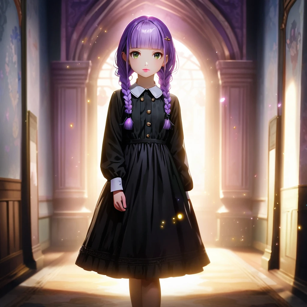 (Cute a girl:1.5), The rabbit costume from Alice in Wonderland,anime visual,  fullbody shot, (Lovey-dovey:1.5), (tilt head:1.3), extremely delicate face, soft clean focus, realistic lighting and shading, (an extremely delicate and beautiful art:1.3), elegant, (worm tone:1.1),(one girl with closs hair pin,pale purple hair,wavy two braids,blunt bangs hair,green and black eyes.pink lips:1.4), small breast,slim,Slender,morning lit, fullbody shot, a gentle smile, look at viewer, 