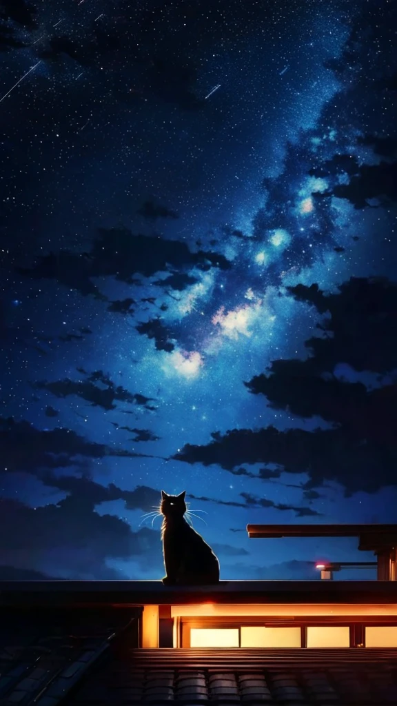 anime painting inspired by Makoto Shinkai, space art, (sideways (black cat) sitting on the roof of a building looking at the sky), mysterious, fantastic, meteor shower, intricate lights, twinkling city lights, (((unmanned))),