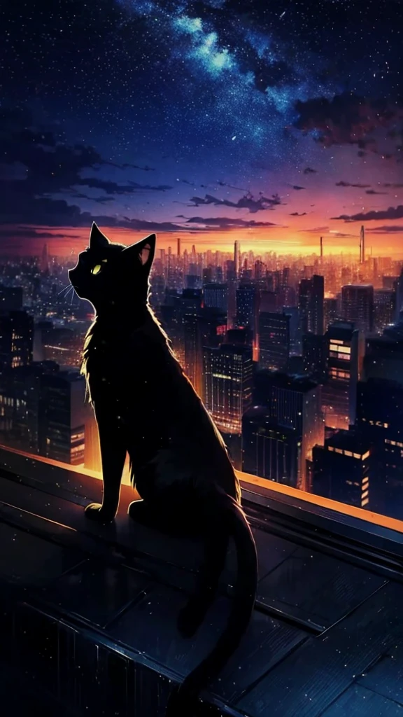 anime painting inspired by Makoto Shinkai, space art, (sideways (black cat) sitting on the roof of a building looking at the sky), mysterious, fantastic, meteor shower, intricate lights, twinkling city lights, (((unmanned))),