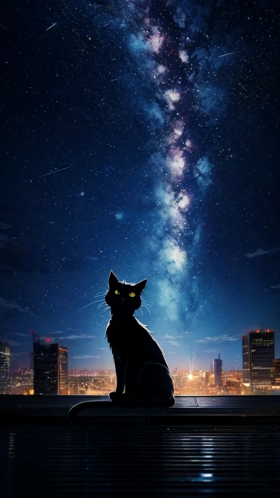 anime painting inspired by Makoto Shinkai, space art, (sideways (black cat) sitting on the roof of a building looking at the sky), mysterious, fantastic, meteor shower, intricate lights, twinkling city lights, (((unmanned))),