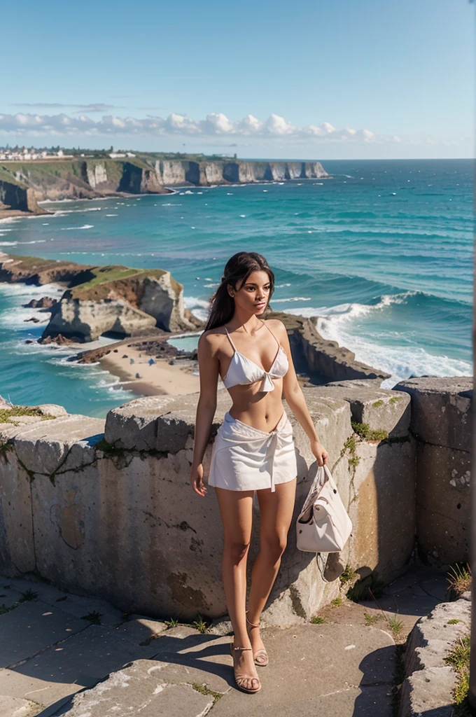 A female virtual influencer standing by a picturesque seaside cliff, with a stunning ocean view in the background."