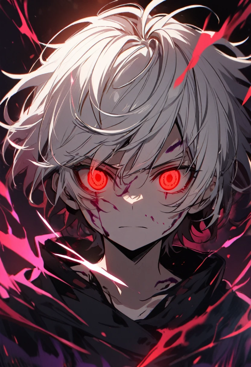 1 children, boy, red eyes, glowing eyes, white hair, dark aura, short hair