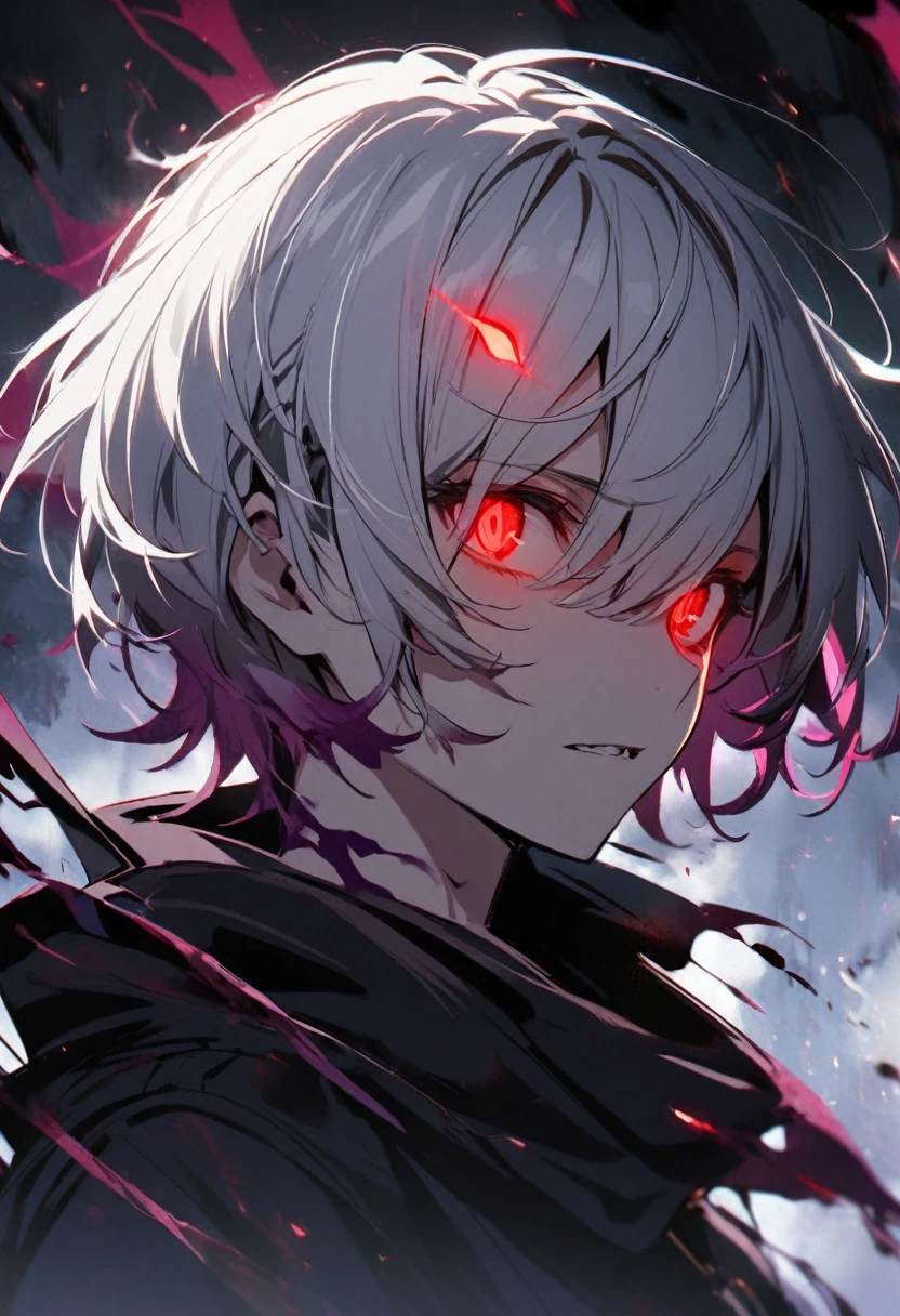 1 children, boy, red eyes, glowing eyes, white hair, dark aura, short hair