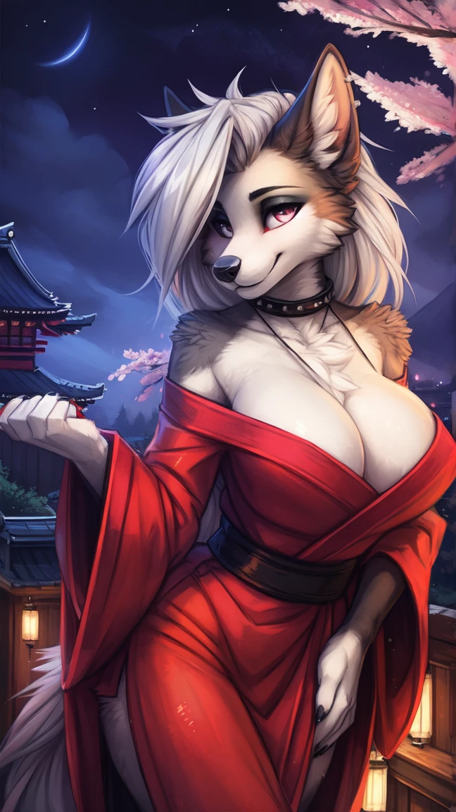 by kenket, Ross Tran, ruan jia, zaush, foxovh, by Zackary911, by hyattlen, by teranen, by fumiko, by Pixelsketcher, by fluff-kevlar, bye r-mk, by Dimwitdog, Furry, Anthro, (oiran), ((prostitute)), (luxurious off-shoulder kimono), loona, kemono, (huge breasts), long (elegant) white hair, hourglass body, revealing outfit, seductive, alluring eyes, looking at viewer, gray fur, white fur, traditional japanese, magic fantasy, (mature), milf, tall, curvy, outdoors, cherry blossoms, nighttime, cleavage, tugging on own clothes,