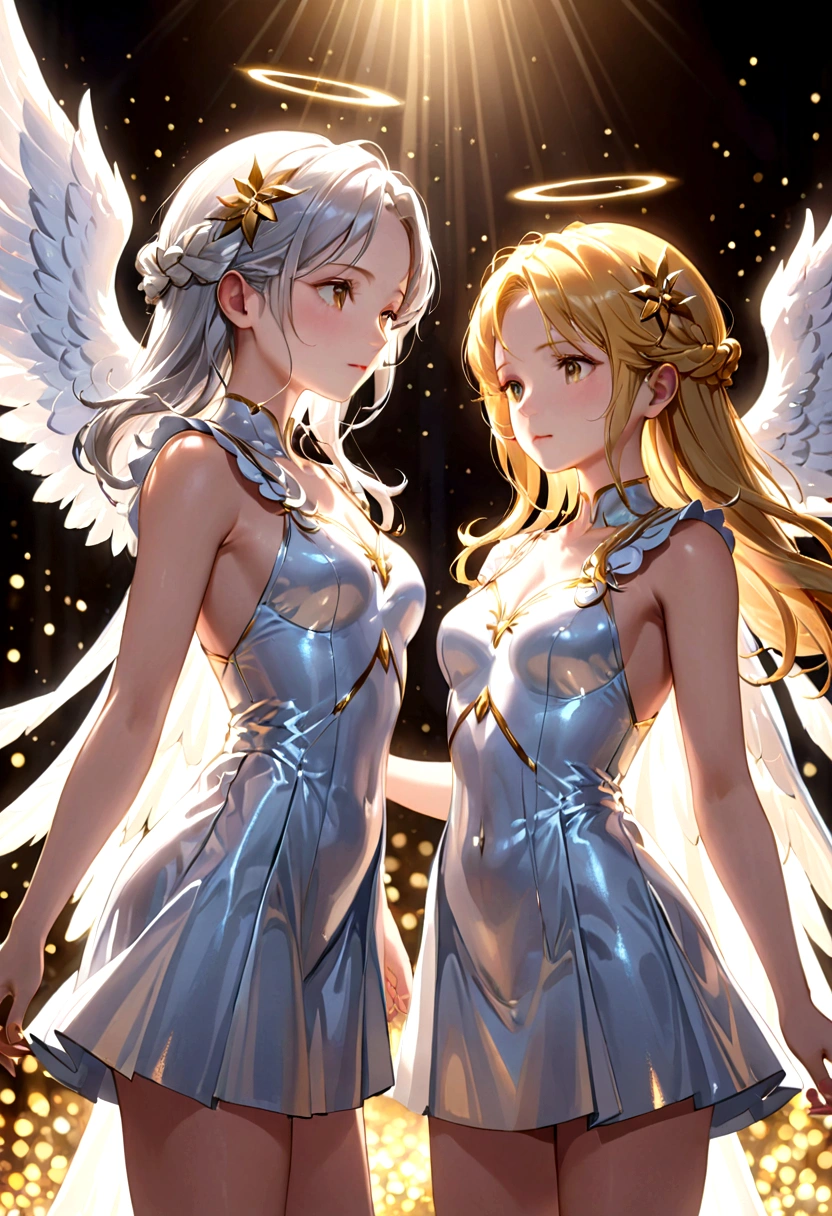 a pair of twin goddess, silver hair and golden hair, divine, beautiful, grand, shining brightly, particles of light, rays of light, pure white angelic wings, best quality, 8k, highres, masterpiece, anime style, realistic, photorealistic, photo-realistic, HDR, UHD, studio lighting, ultra-fine painting, sharp focus, physically-based rendering, extreme detail description, professional, vivid colors, bokeh