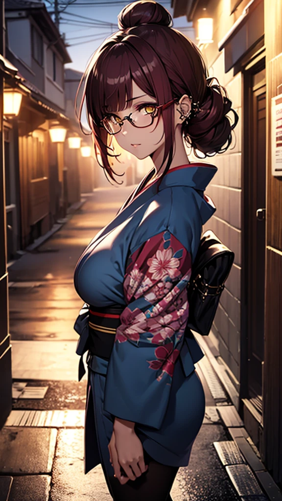 (1girl:1.3), Masterpiece, Best quality, amazing beauty, [[3D]], 4K, absurdres, finely detail, super detailed eye, perfect anatomy, official art, cinematic lighting, BREAK, Night of the full moon, stone staircase, silky bun hairstyle, blunt bangs, red hair, super shiny detailed yellow eyes, cute eyes, thin eyebrow, Staring, facing this way, close-mouth, rouge, Eyeshadow, glasses, piercing, embarrassed, BREAK , big breasts, tall, slim, fair skin, glistening skin, walking, full body, from side, wearing a kimono, Kimono of extreme colors, Spotlight, BREAK , , BREAK,(Glasses)