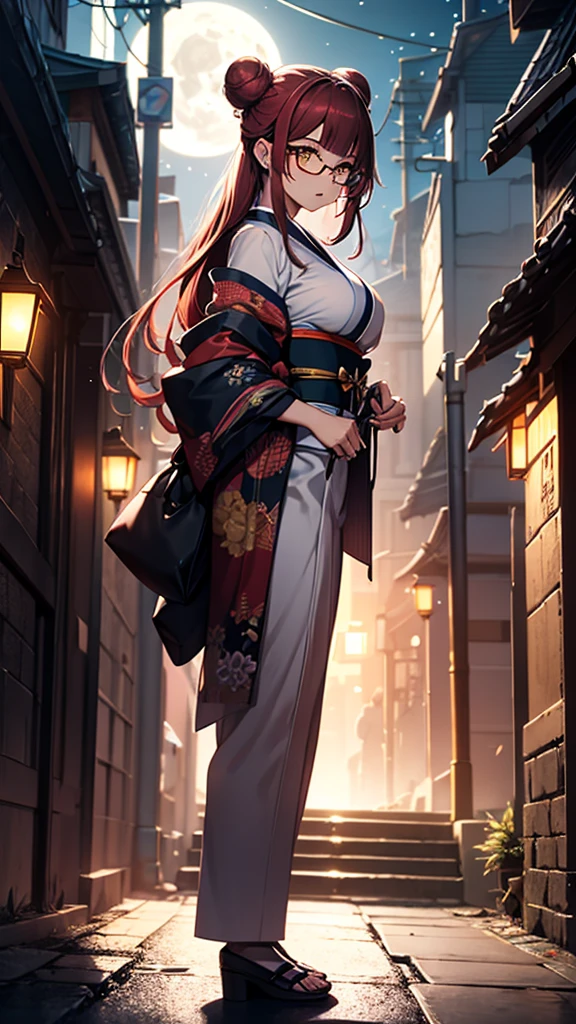 (1girl:1.3), Masterpiece, Best quality, amazing beauty, [[3D]], 4K, absurdres, finely detail, super detailed eye, perfect anatomy, official art, cinematic lighting, BREAK, Night of the full moon, stone staircase, silky bun hairstyle, blunt bangs, red hair, super shiny detailed yellow eyes, cute eyes, thin eyebrow, Staring, facing this way, close-mouth, rouge, Eyeshadow, glasses, piercing, embarrassed, BREAK , big breasts, tall, slim, fair skin, glistening skin, walking, full body, from side, wearing a kimono, Kimono of extreme colors, Spotlight, BREAK , , BREAK,(Glasses)