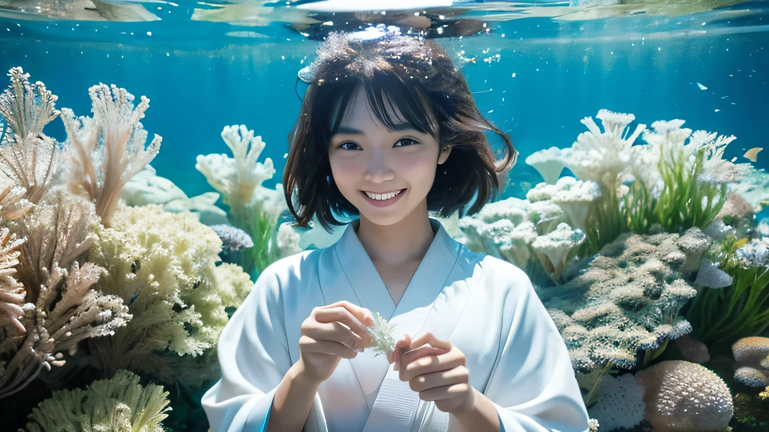 Japanese, Ama, woman, beautiful, smile, white kimono, white hood, holding seaweed in hand, sea, underwater
