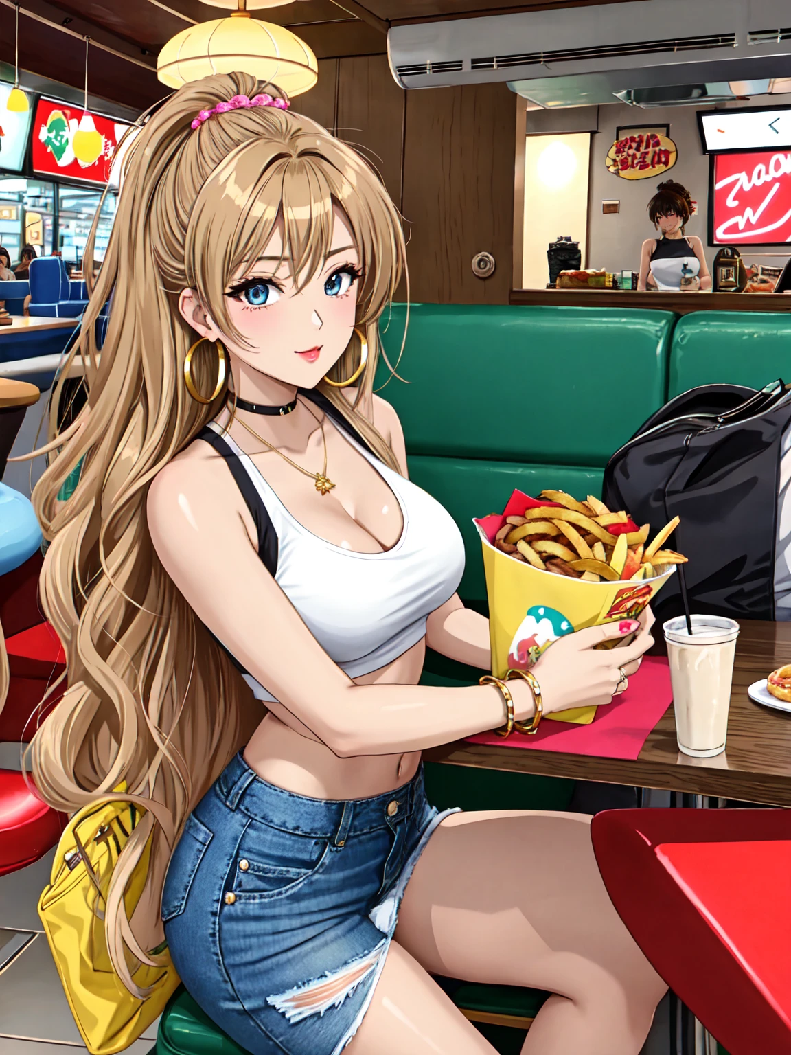 Glamorous gyaru girl from early 2000s Japanese gyaru magazine AGEHA, seated at a trendy family restaurant or diner late at night, long blonde hair with brown streaks styled in a half-up half-down look, thick heavy makeup with dramatic winged eyeliner, dark sculpted eyebrows, deeply tanned glowing bronzed skin, wearing a tight low-cut tank top showing off cleavage and midriff, super micro miniskirt or low-rise hip-hugger jeans, large hoop earrings, arm with bangles and bracelets, strappy high heeled sandals, holding an oversized yoshikon bag, taking a selfie with her meal of a large hamburguer, fries and colorful dessert drink, neon signs and vintage decor in the background