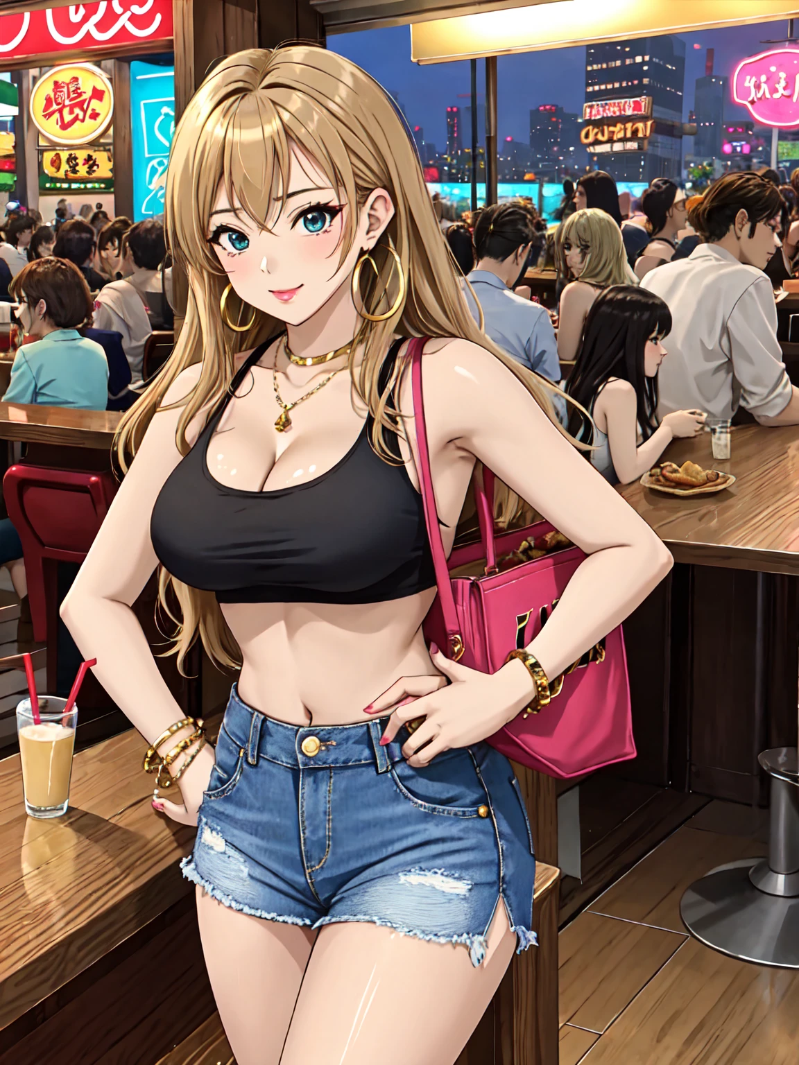 Glamorous gyaru girl from early 2000s Japanese gyaru magazine AGEHA, seated at a trendy family restaurant or diner late at night, long blonde hair with brown streaks styled in a half-up half-down look, thick heavy makeup with dramatic winged eyeliner, dark sculpted eyebrows, deeply tanned glowing bronzed skin, wearing a tight low-cut tank top showing off cleavage and midriff, super micro miniskirt or low-rise hip-hugger jeans, large hoop earrings, arm party with bangles and bracelets, strappy high heeled sandals, holding an oversized yoshikon bag, taking a selfie with her meal of a large hamburguer, fries and colorful dessert drink, neon signs and vintage decor in the background