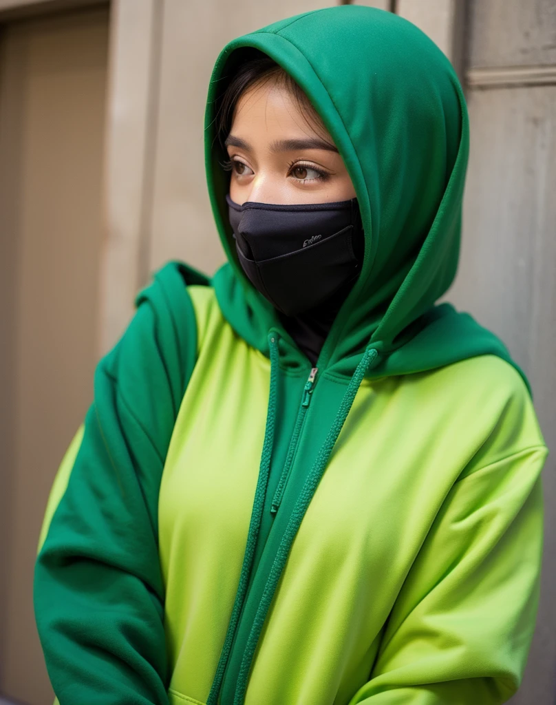 A wearing a green hoodie, The hoodie says SYIFA, wear the hijab, background taman,