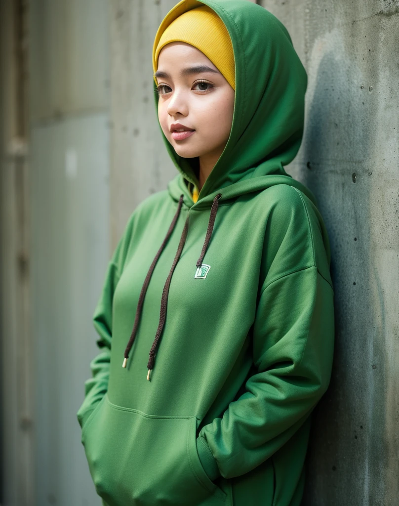 A wearing a green hoodie, The hoodie says SYIFA, wear the hijab, background taman,