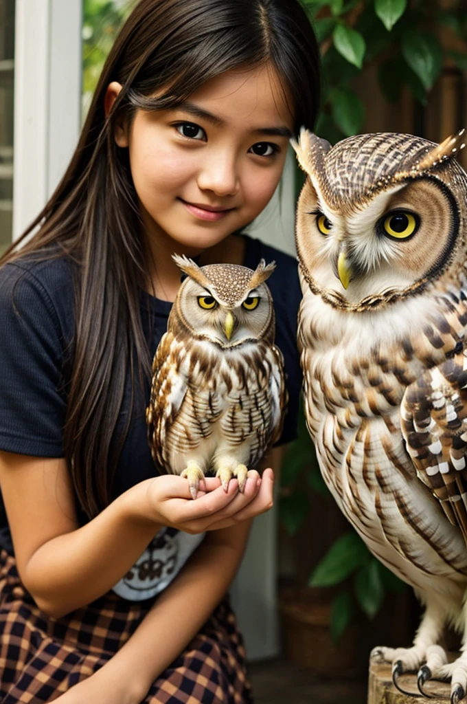 A girl have pet owl