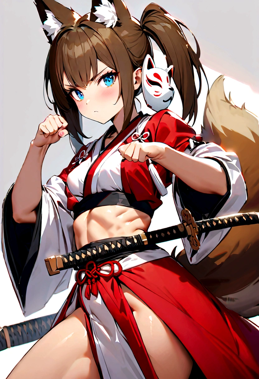 cute young girl, brown hair, long twintail hair, light blue eyes, fox ears, fox tail, muscular body, small breast, sexiest japanese outfit, fight with katana pose, fox mask