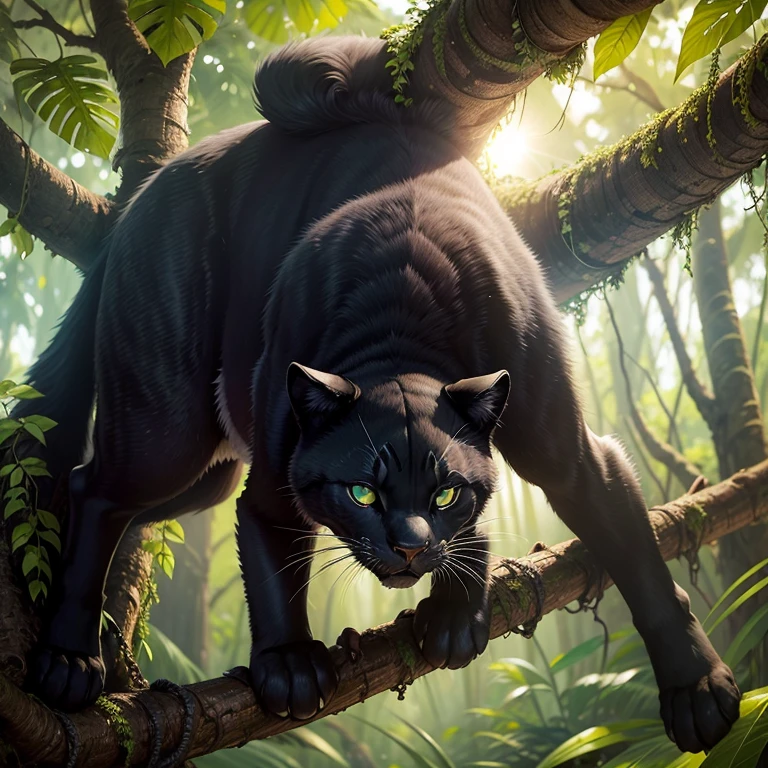 Masterpiece, best quality, one black panther, in the jungle, climb a tree, has green eyes, best eyes, sunny day
