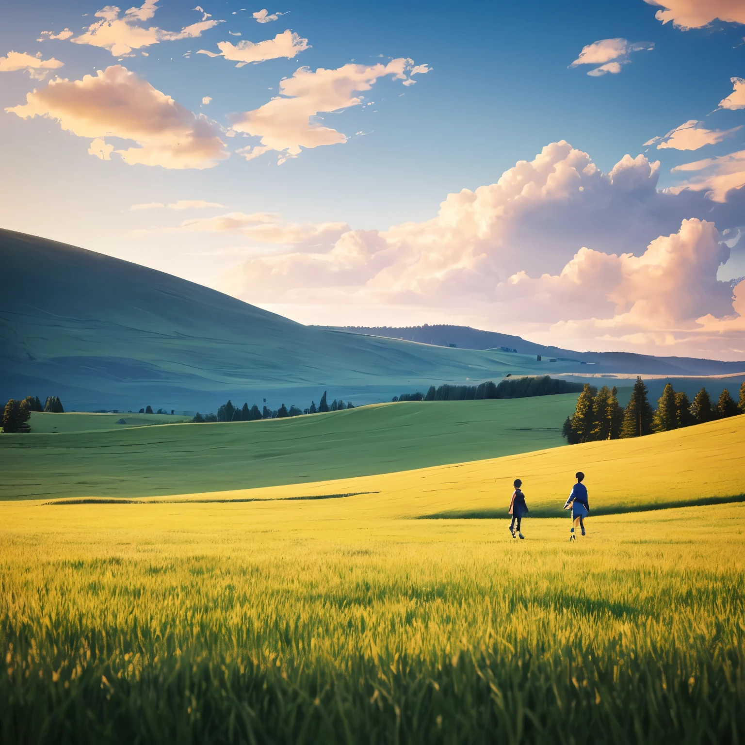 a boy and a girl walking in a grassy field, blue sky with fluffy white clouds, a soaring eagle in the distance, rolling green hills, (best quality,8k,highres,masterpiece:1.2),ultra-detailed,(realistic,photorealistic,photo-realistic:1.37),landscape,serene,peaceful,natural lighting,soft colors,warm tones,tranquil atmosphere