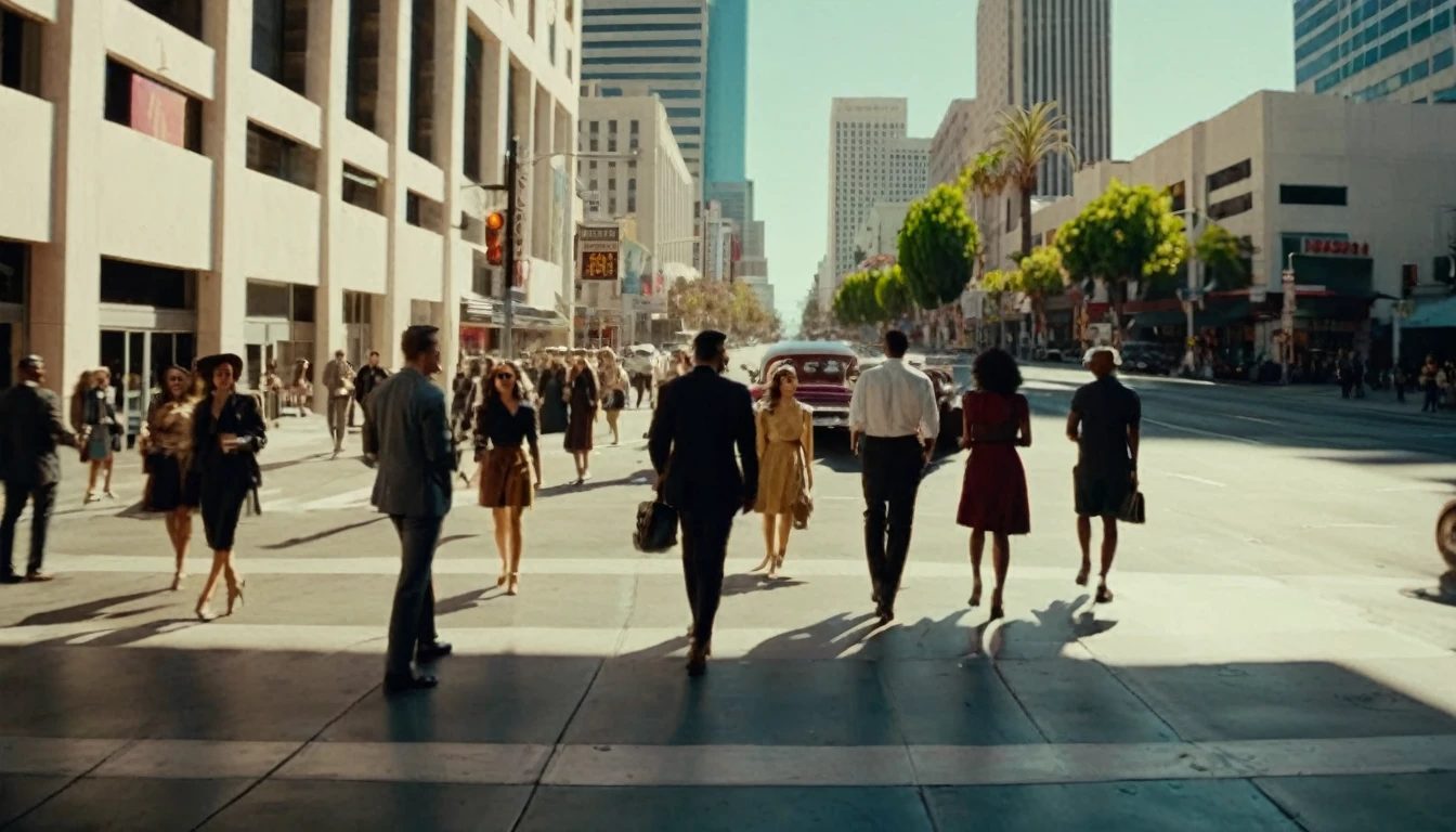 Cinematic traversal camera movement, people walking in a pedestrian street in Los Angeles city, in the heart of the city. Different buildings cover the side of the street, the natural light of the sun illuminates at daytime. Bustling city of Los Angeles with many skyscrapers, Natural lights, neutral colors, lomochrome, vintage color tones, dramatic, dynamic composition.Lifelike textures, sharp focus, depth of field, cinematic lighting, Contrast lighting, volumetric lighting, best shadows,sharp focus, depth pf field, photorealism, Realism, Cinematic, Photoreal, 35mm film Screengrab a 1950s Super Panavision 70 film, in color. best quality , hdr, uhd, 8k, 35 mm film, analog camera shot.
