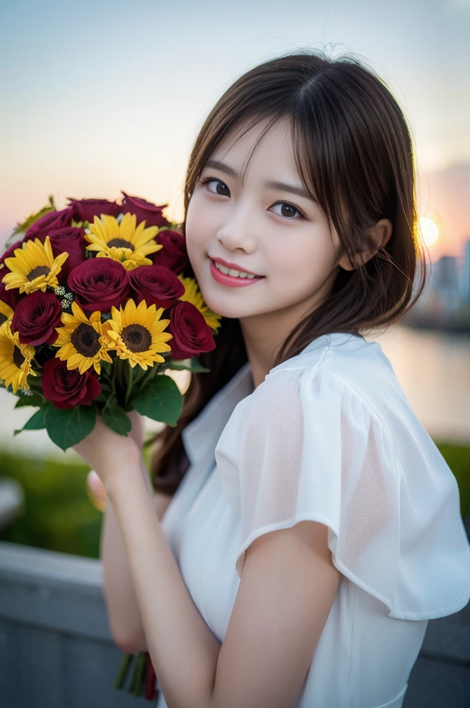 (8K, RAW Photos, Highest quality、masterpiece:1.2), (Realistic、Realistic:1.37), Very detailed, High resolution, 1 girl, Laughter, View your viewers, dress, Beautifully detailed face、(Holding a bouquet:1.3),Beautiful and detailed skin、Skin Texture、Floating Hair、Professional Lighting, noon