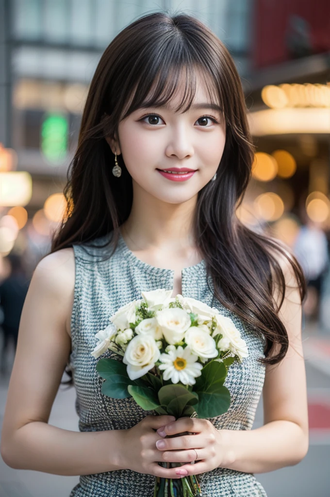 (8K, RAW Photos, Highest quality、masterpiece:1.2), (Realistic、Realistic:1.37), Very detailed, High resolution, 1 girl, Laughter, View your viewers, dress, Beautifully detailed face、(Holding a bouquet:1.3),Beautiful and detailed skin、Skin Texture、Floating Hair、Professional Lighting, noon