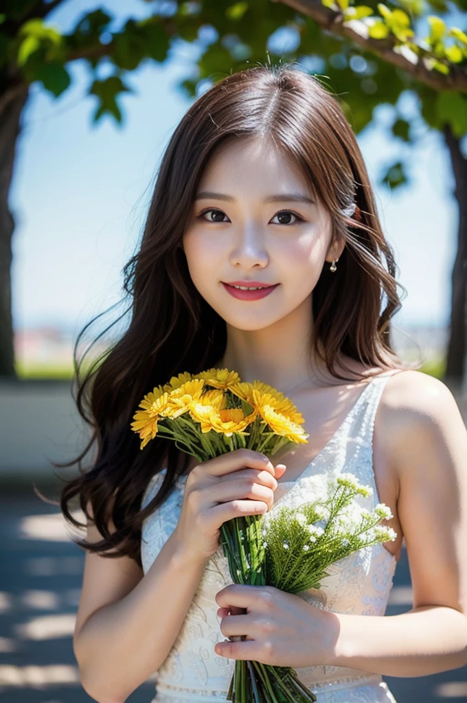 (8K, RAW Photos, Highest quality、masterpiece:1.2), (Realistic、Realistic:1.37), Very detailed, High resolution, 1 girl, Laughter, View your viewers, dress, Beautifully detailed face、(Holding a bouquet:1.3),Beautiful and detailed skin、Skin Texture、Floating Hair、Professional Lighting, noon