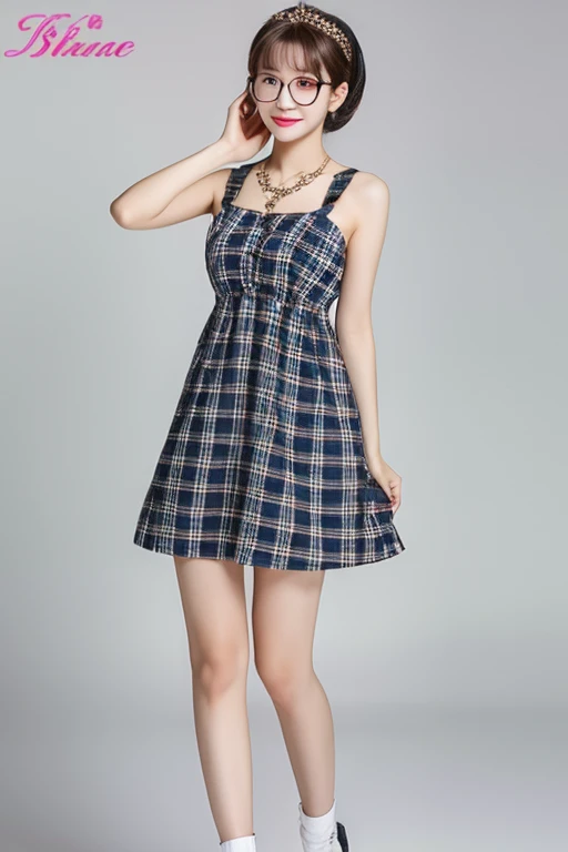 Highest quality、masterpiece、High sensitivity、High resolution、Detailed Description、Slim Body、Glasses、Plaid mini dress、turn around、