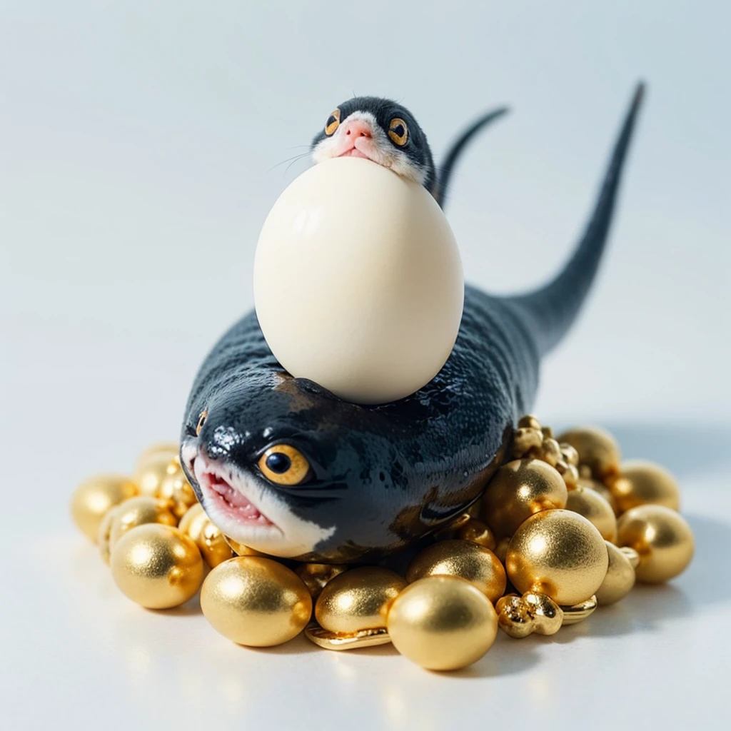 Animals, baby mixed with egg, has yellow and blue stripes on its body, Grassroots, no background, (has beard), ((gold eyes))