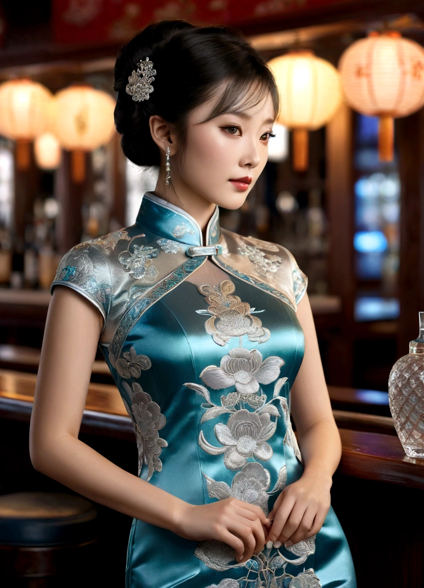 a chinagirl, Cheongsam, iridescent silk fabric, modern silver embroidery, night bar,epic realistic, intricate details, hyper detailed, cinematic, rim light,
