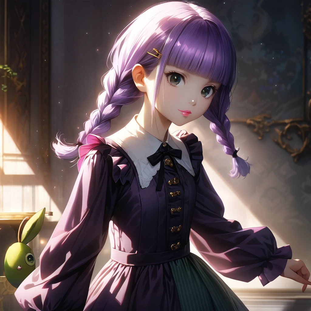 (Cute a girl:1.5), a rabbit costume from Alice in Wonderland,anime visual, fullbody shot, (Lovey-dovey:1.5), (tilt head:1.3), extremely delicate face, soft clean focus, realistic lighting and shading, (an extremely delicate and beautiful art:1.3), elegant, (worm tone:1.1),(one girl with closs hair pin,pale purple hair,wavy two braids,blunt bangs hair,green and black eyes.pink lips:1.4), small ,slim,Slender,morning lit, fullbody shot, a gentle smile, look at viewer,