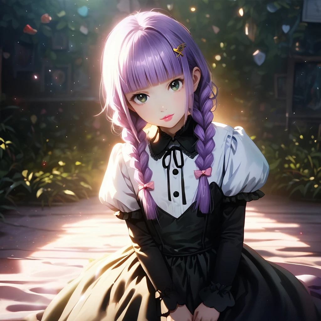 (Cute a girl:1.5), a rabbit costume from Alice in Wonderland,anime visual, fullbody shot, (Lovey-dovey:1.5), (tilt head:1.3), extremely delicate face, soft clean focus, realistic lighting and shading, (an extremely delicate and beautiful art:1.3), elegant, (worm tone:1.1),(one girl with closs hair pin,pale purple hair,wavy two braids,blunt bangs hair,green and black eyes.pink lips:1.4), small breast,slim,Slender,morning lit, fullbody shot, a gentle smile, look at viewer,