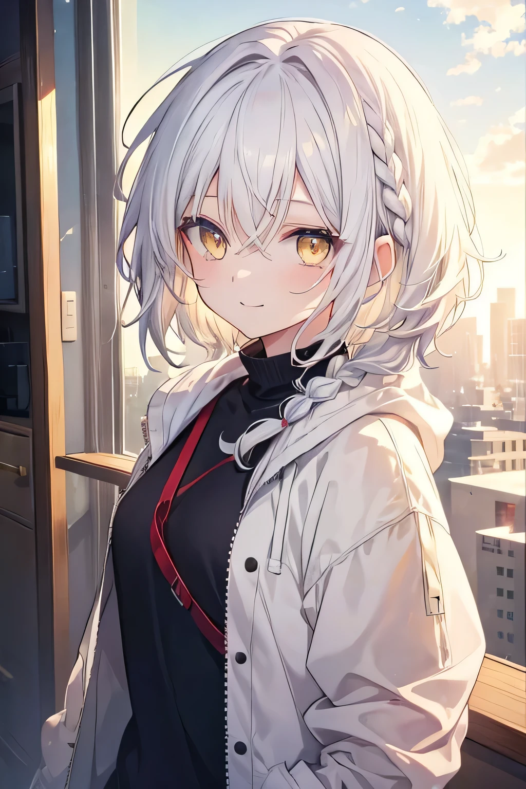 girl, cute anime girl, smiling, white hair, short hair, hair in a braid on the side, messy hair, light yellow eyes moe style anime
