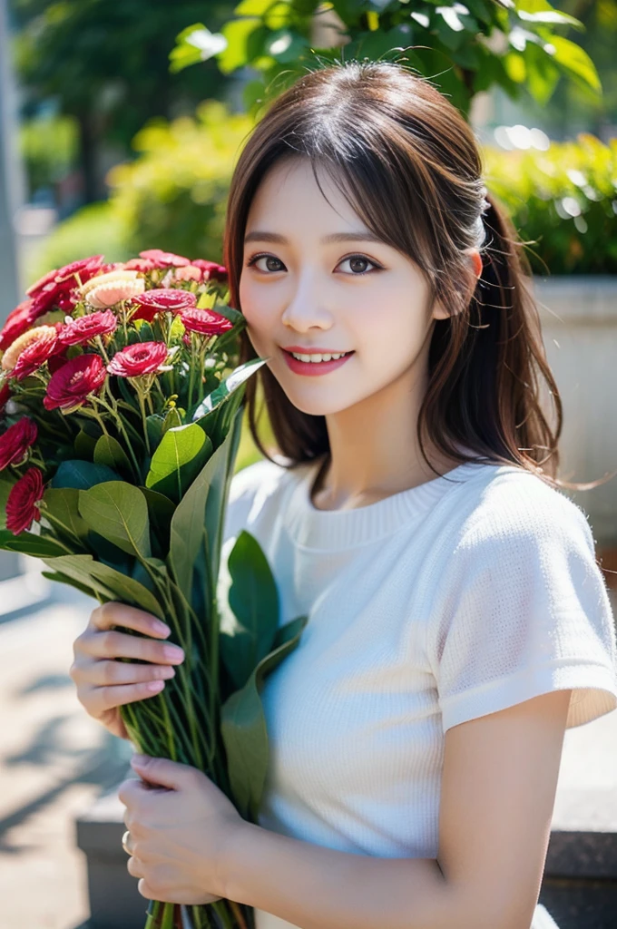 (8K, RAW Photos, Highest quality、masterpiece:1.2), (Realistic、Realistic:1.37), Very detailed, High resolution, 1 girl, Laughter, View your viewers, dress, Beautifully detailed face、(Holding a bouquet:1.3),Beautiful and detailed skin、Skin Texture、Floating Hair、Professional Lighting, noon